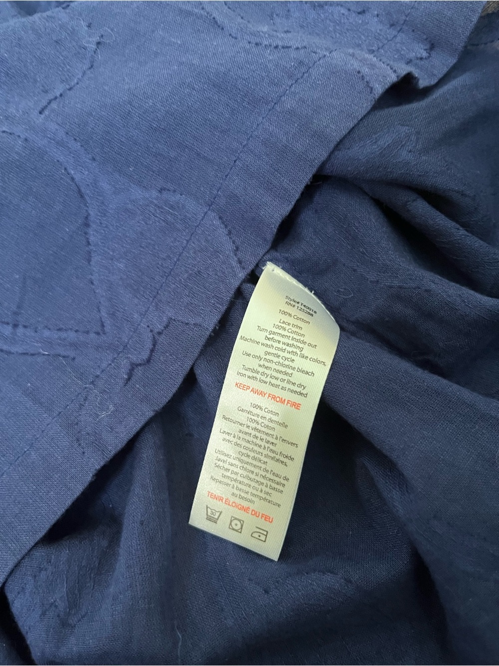 Tahari Navy 100% Cotton Navy Blue Textured Chemise Slip Dress with Lace Trim - Picture 6 of 9